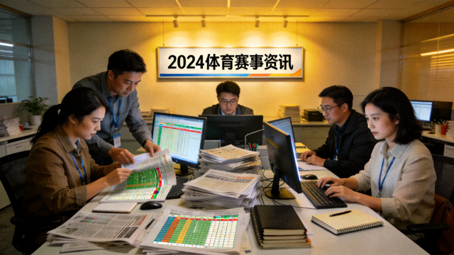 体育新闻编辑室内记者正在整理赛事资讯